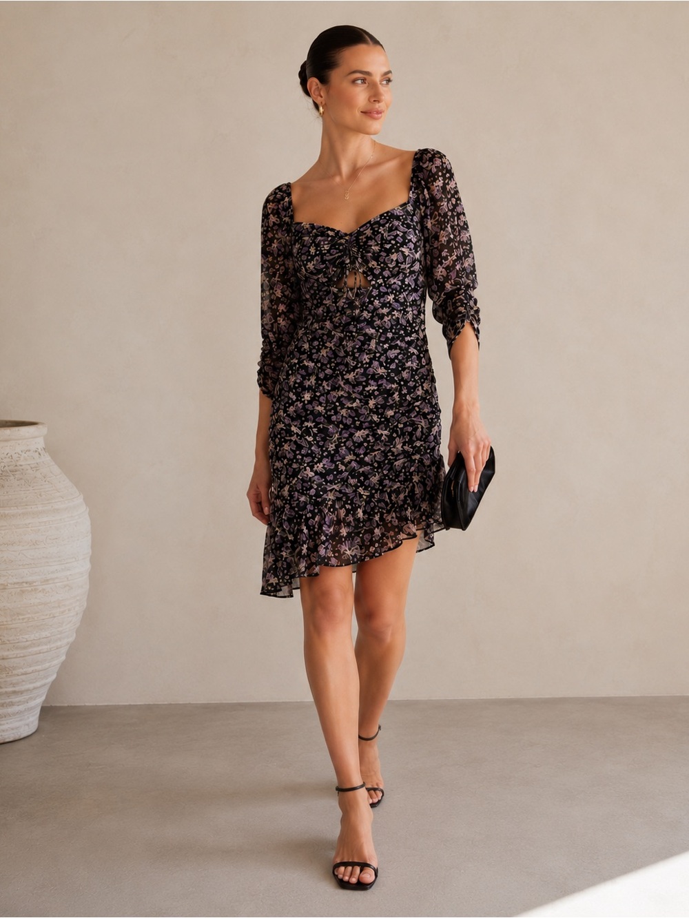 NWT | ASTR The Label | Black Purple Ditsy Floral Ruched Mini Dress - Size Small